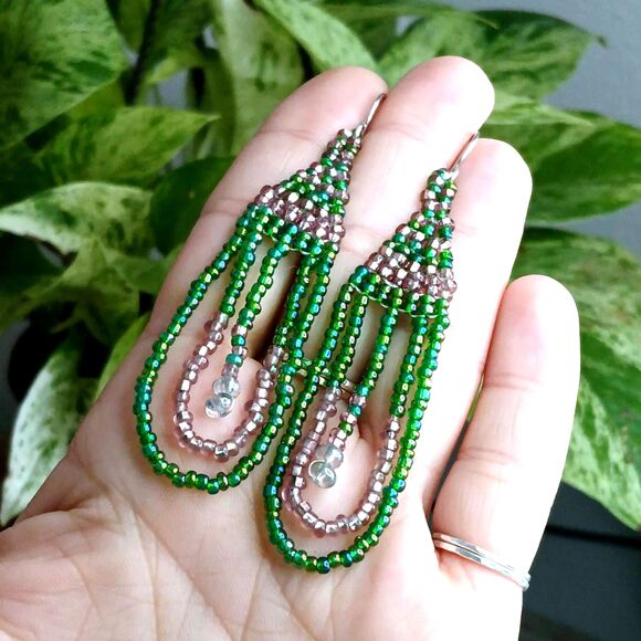 Boho Chic Beaded Dangle Earrings, Pink & Green, Seed Bead Jewelry, 3.5" - Picture 6 of 9